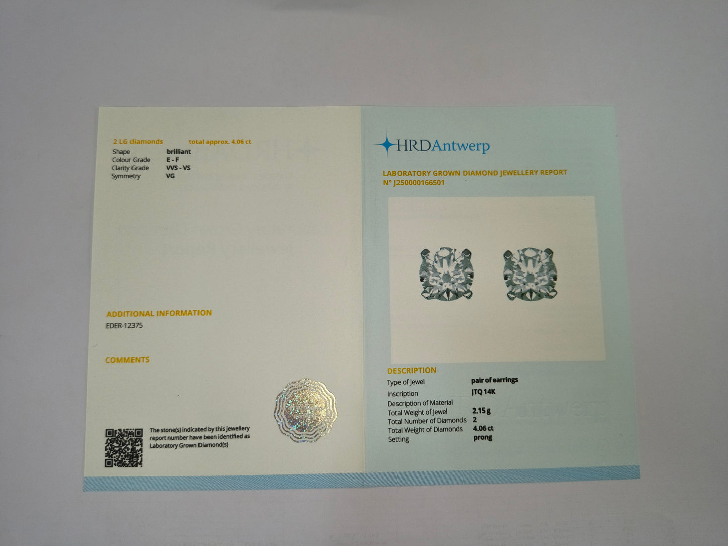 4.06 Carats Lab Grown Diamond 14K Gold Earrings