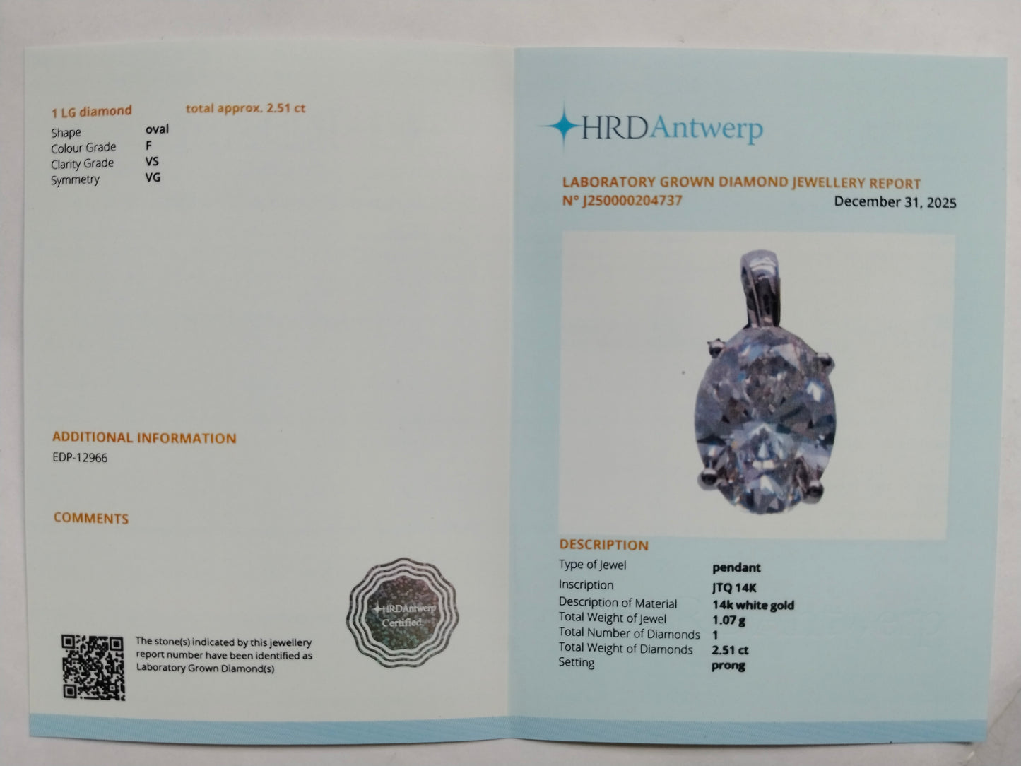 2.51 Carats Lab Grown Diamond 14K Gold Pendant