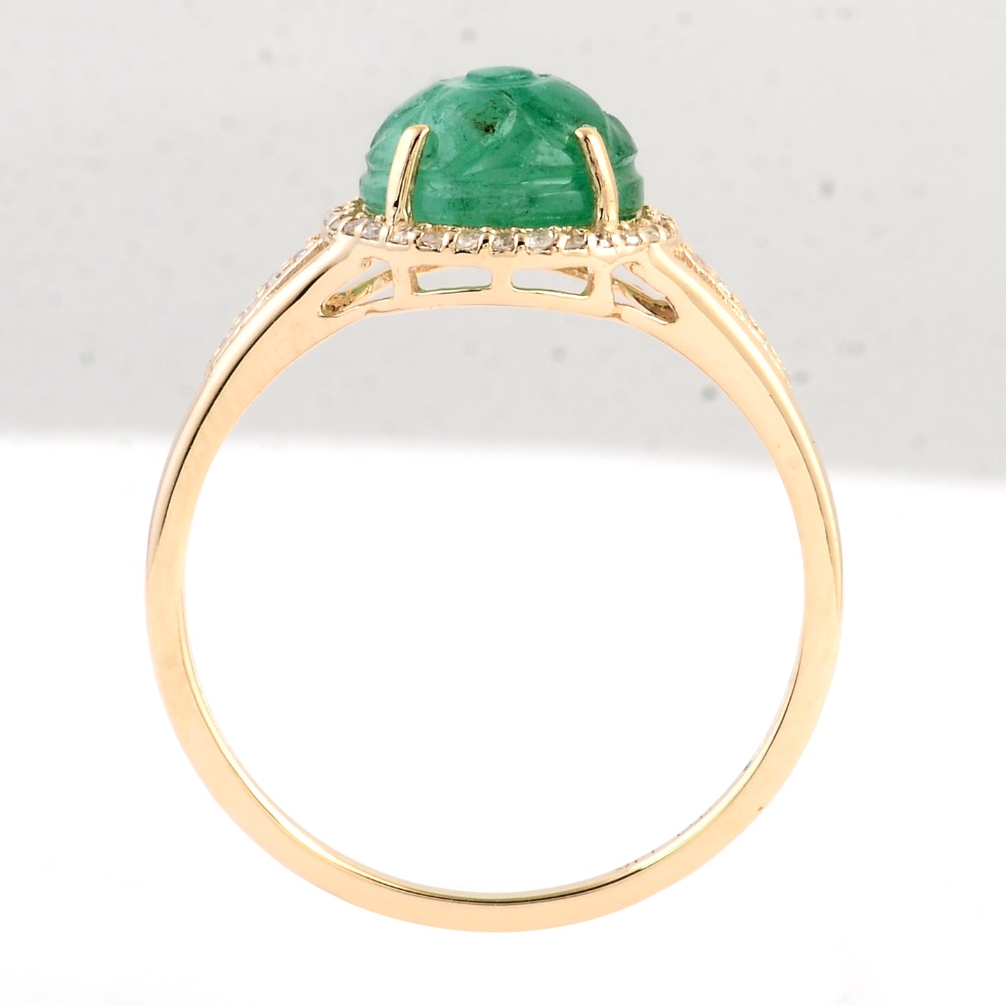 2.20 Ct Round Carving Natural Beryl Emerald 14K Gold Ring