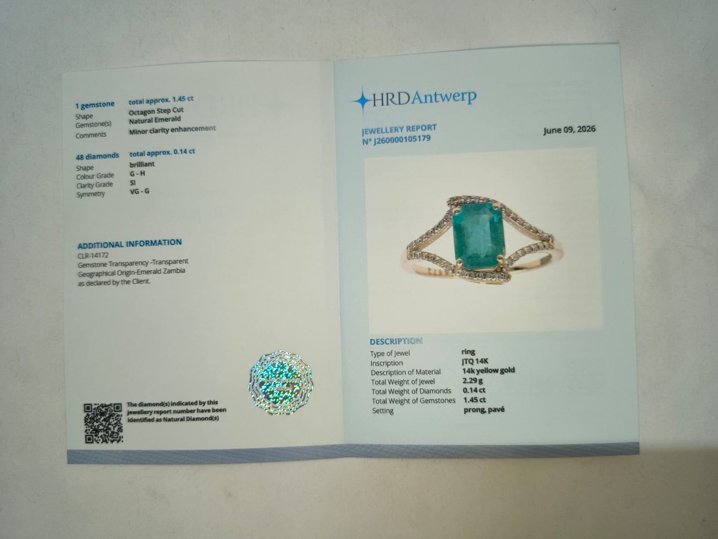 1.59 Ct Octagon Step Cut Natural Emerald 14K Gold Ring