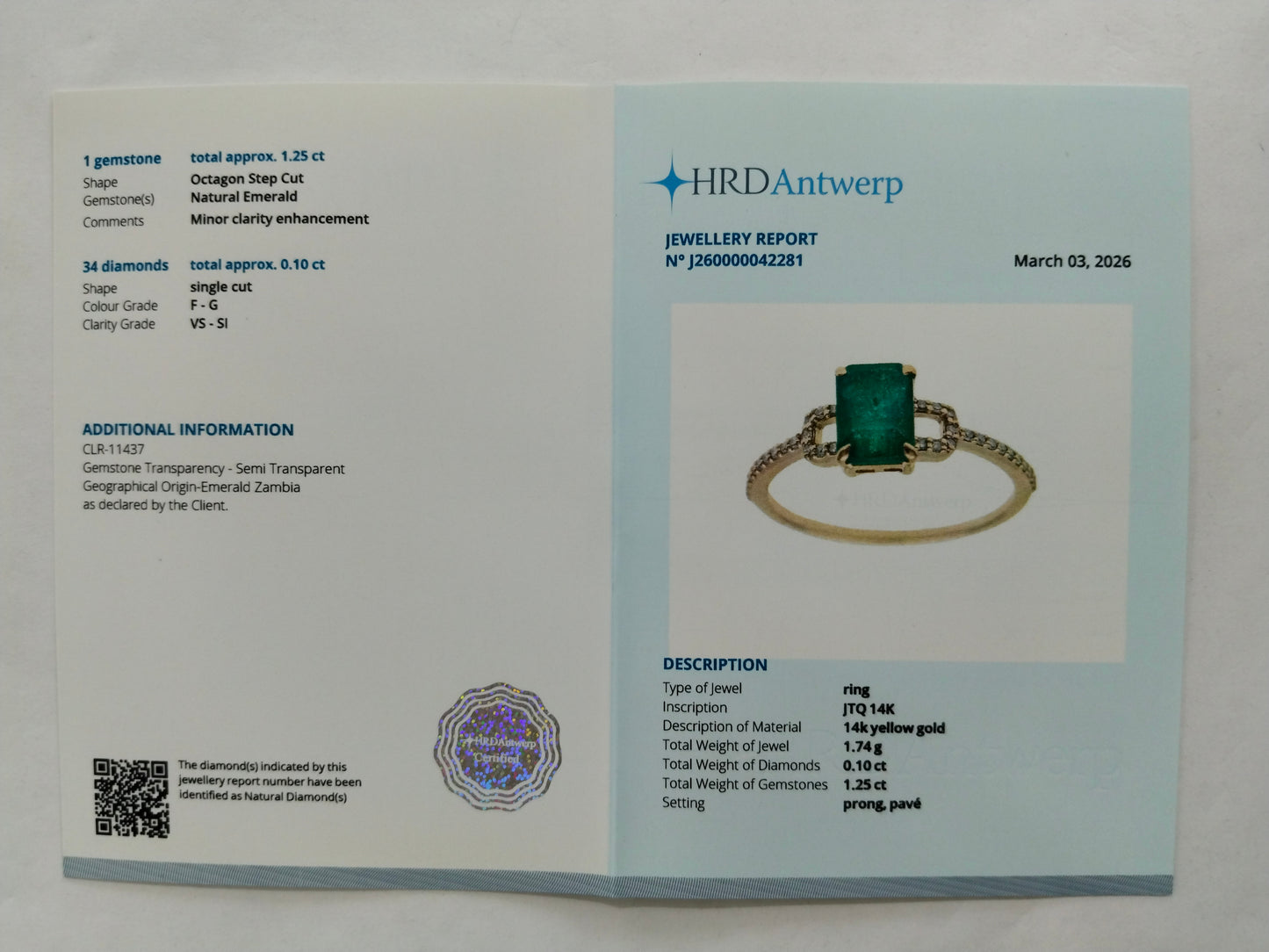 1.35 Ct Octagon Step Cut Natural Emerald 14K Gold Ring