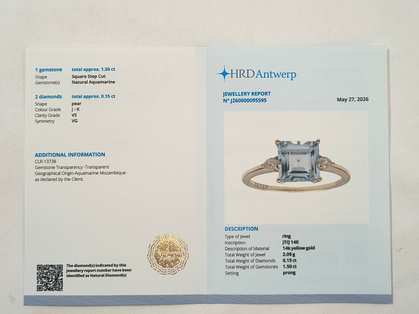 1.65 Ct Square Step Cut Natural Aquamarine 14K Gold Ring