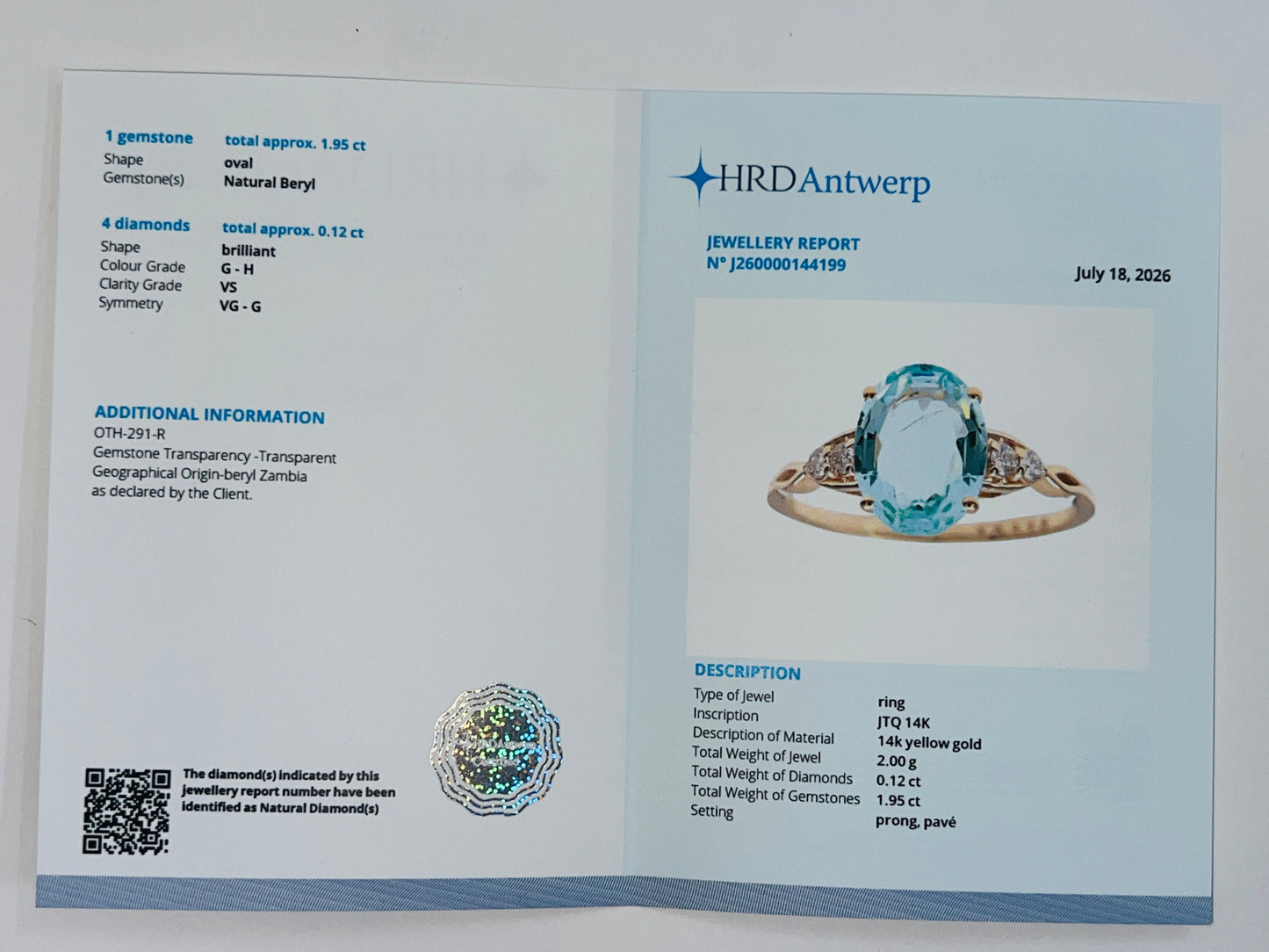 2.07 Ct Oval Natural Beryl 14K Gold Ring