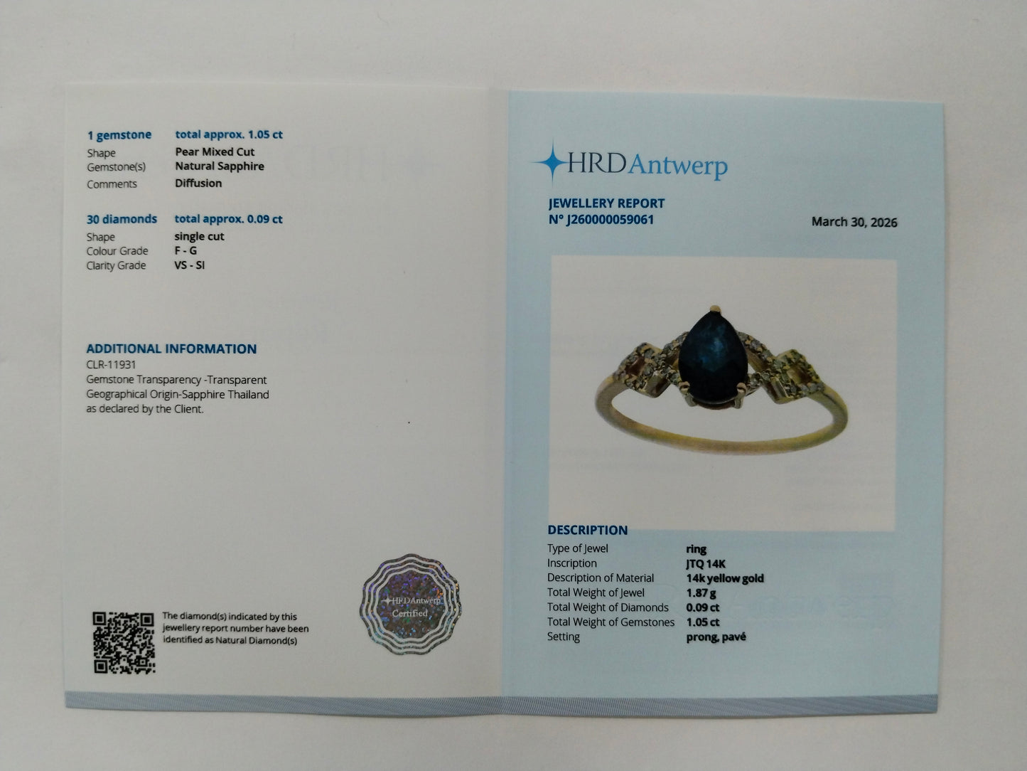 1.14 Ct Pear Mixed Cut Natural Sapphire 14K Gold Ring