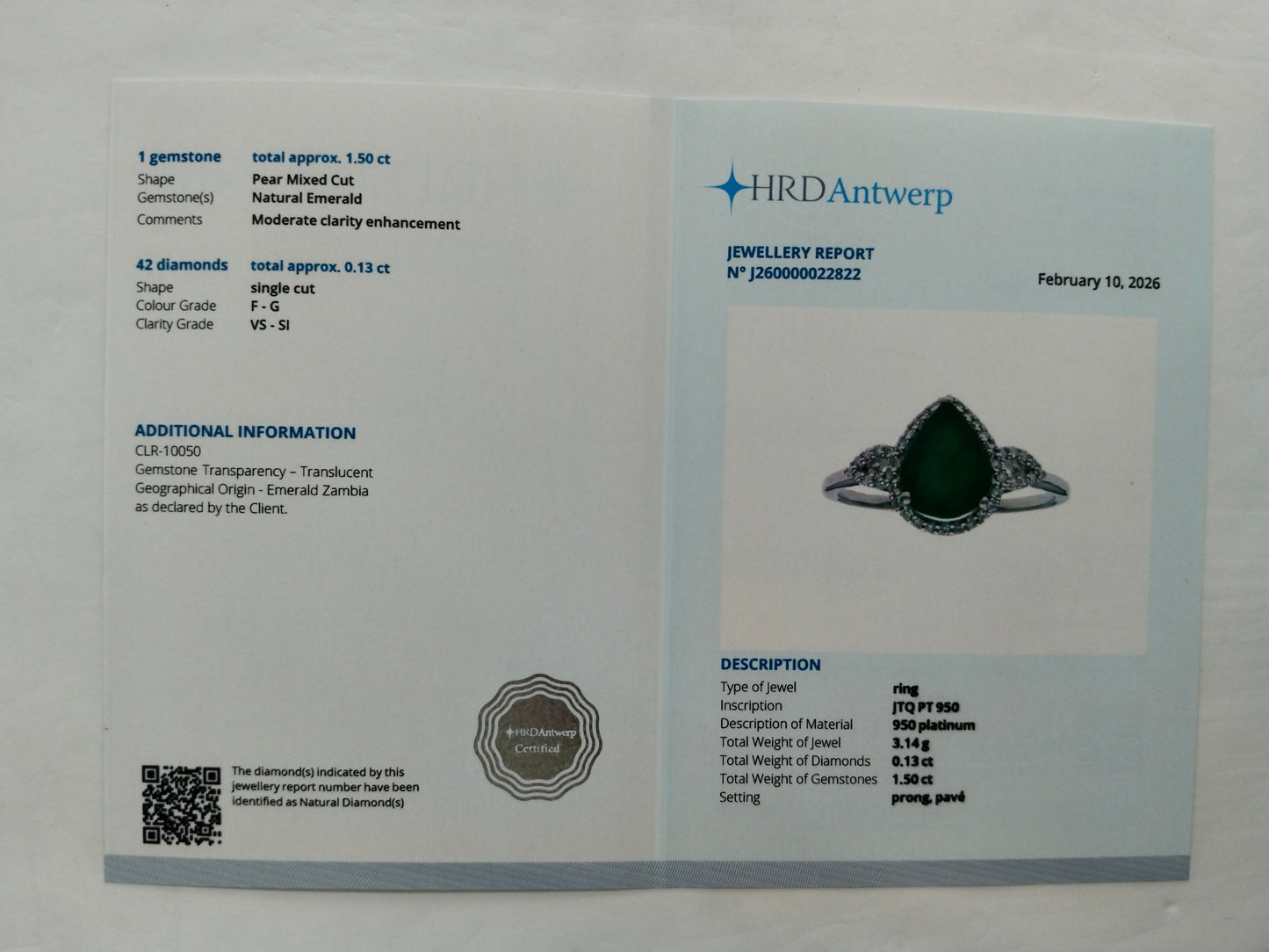 1.63 Ct Pear Mixed Cut Natural Emerald 950 Platinum Ring