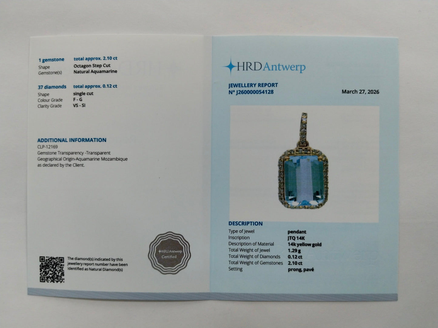 2.22 Ct Octagon Step Cut Natural Aquamarine 14K Gold Pendant