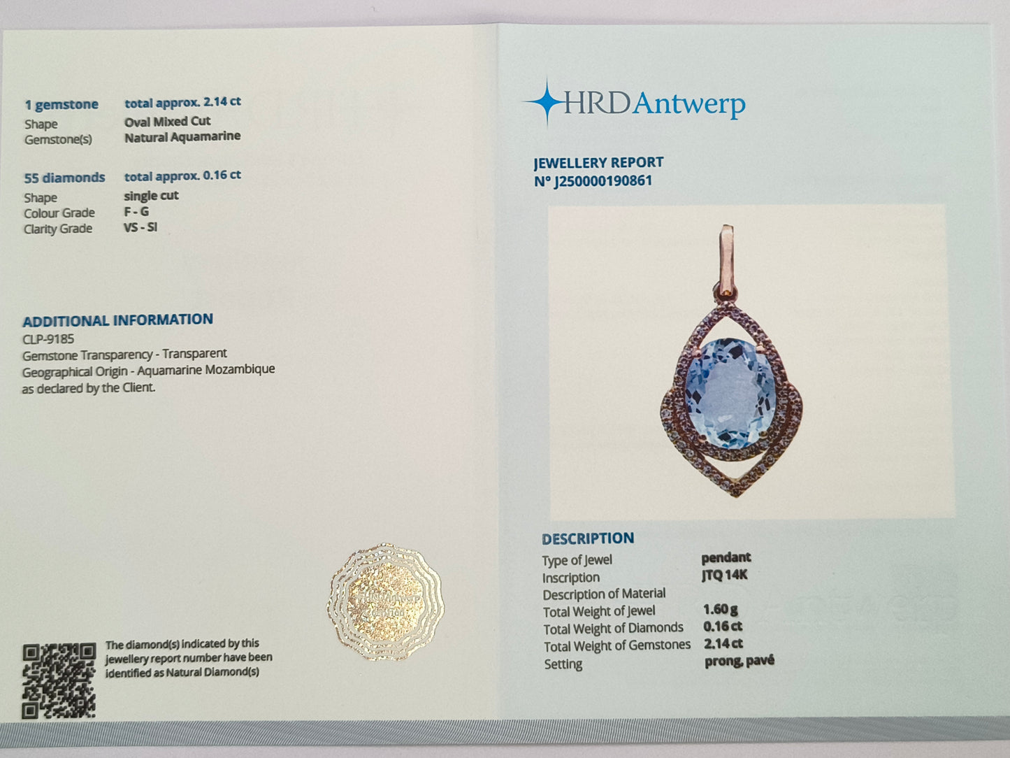 2.30 Ct Oval Mixed Cut Natural Aquamarine 14K Gold Pendant
