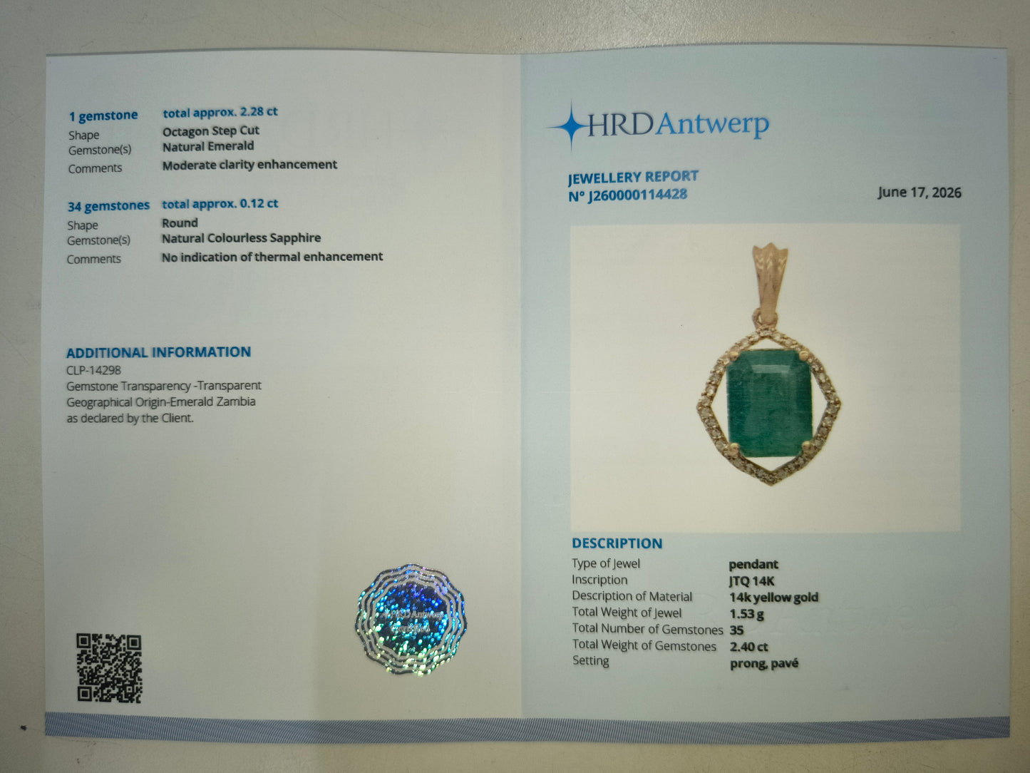 2.40 Ct Octagon Step Cut Natural Emerald 14K Gold Pendant