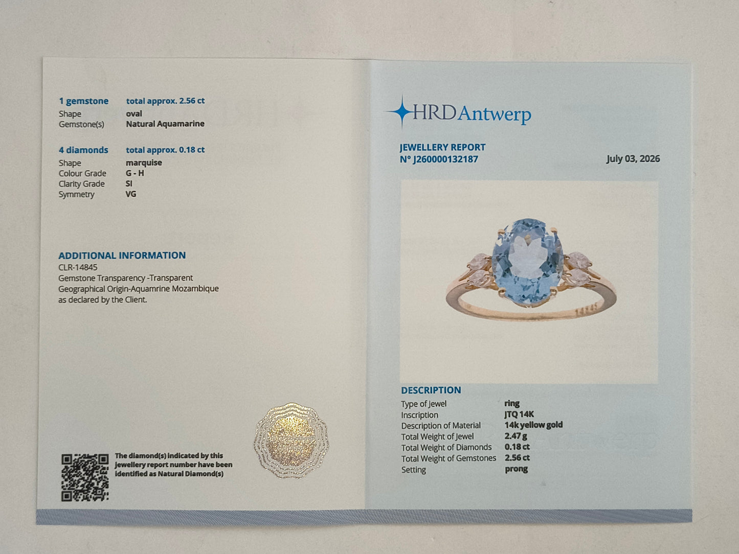 2.74 Ct Oval Natural Aquamarine 14K Gold Ring