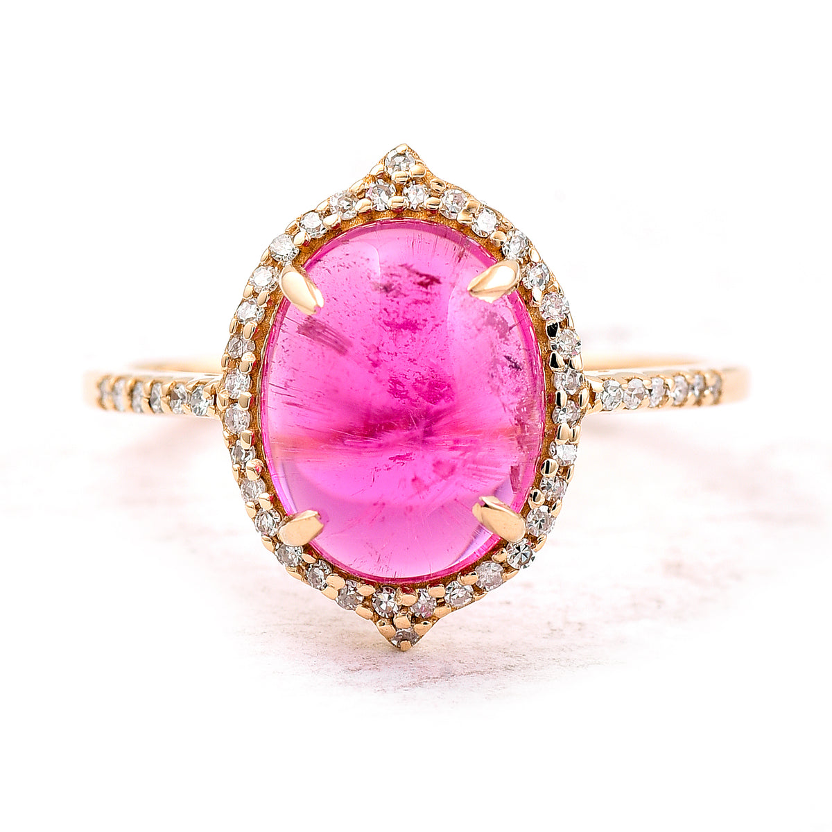 3.20 Ct Oval Cabochon Cut Natural Pink Tourmaline 14K Gold Ring