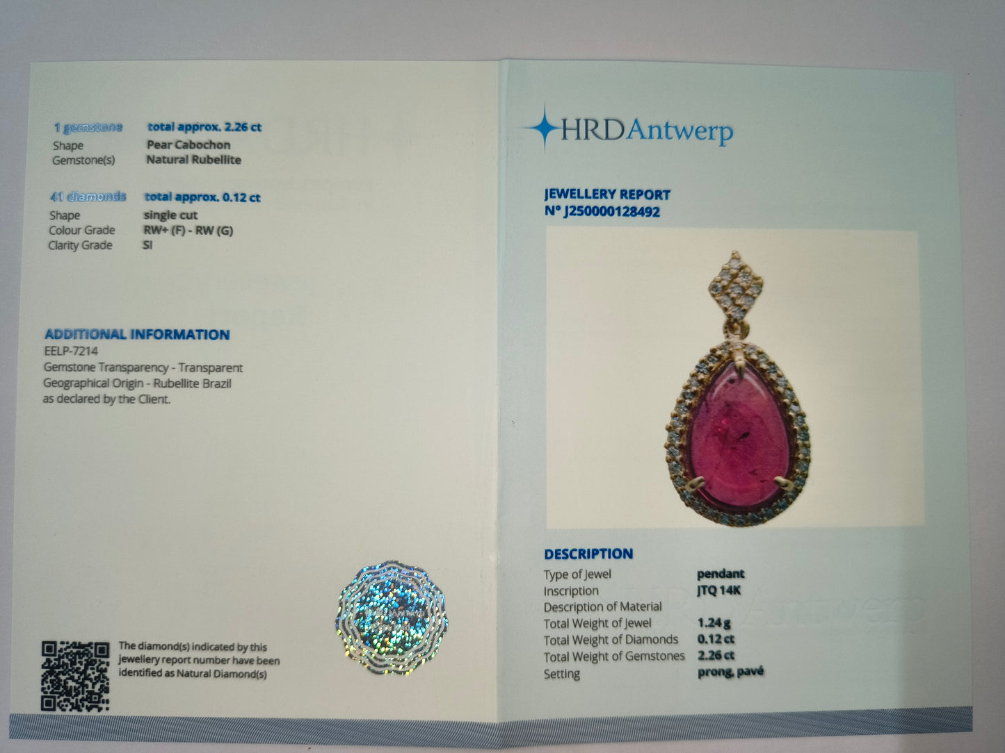 2.38 Ct Pear Natural Tourmaline 14K Gold Pendant