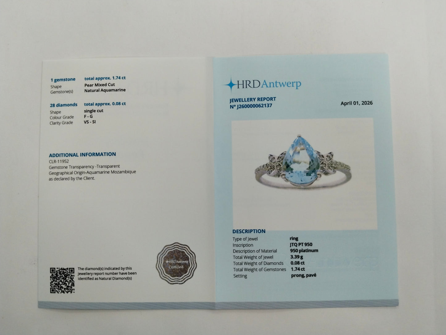 1.82 Ct Pear Mixed Cut Natural Aquamarine 950 Platinum Ring