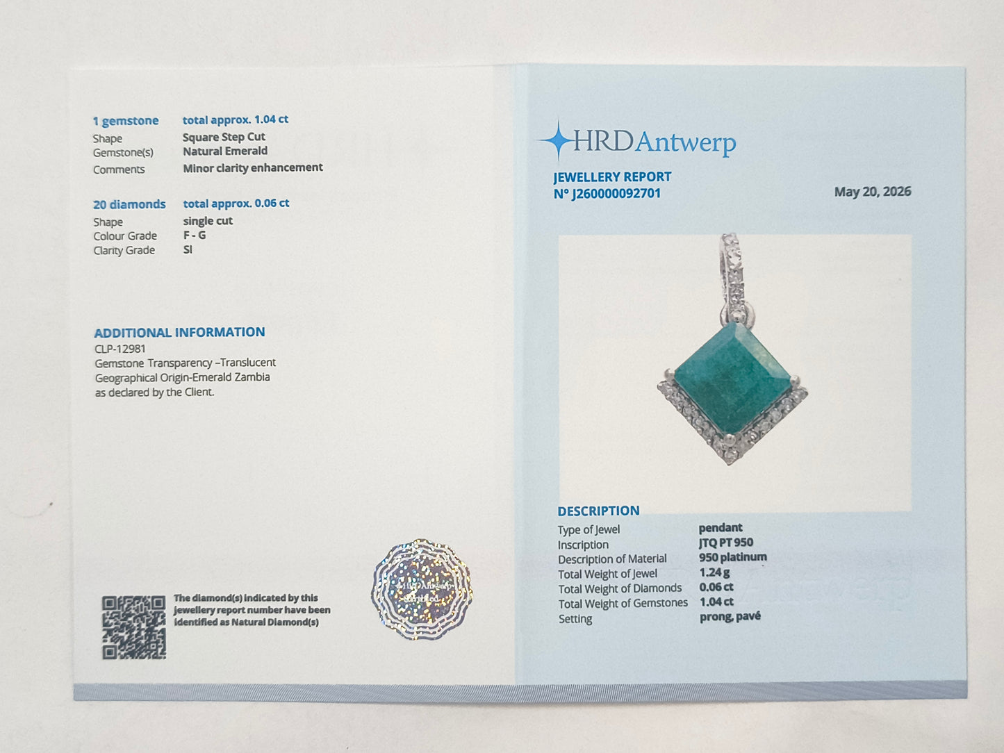 1.10 Ct Square Emerald 950 Platinum Pendant