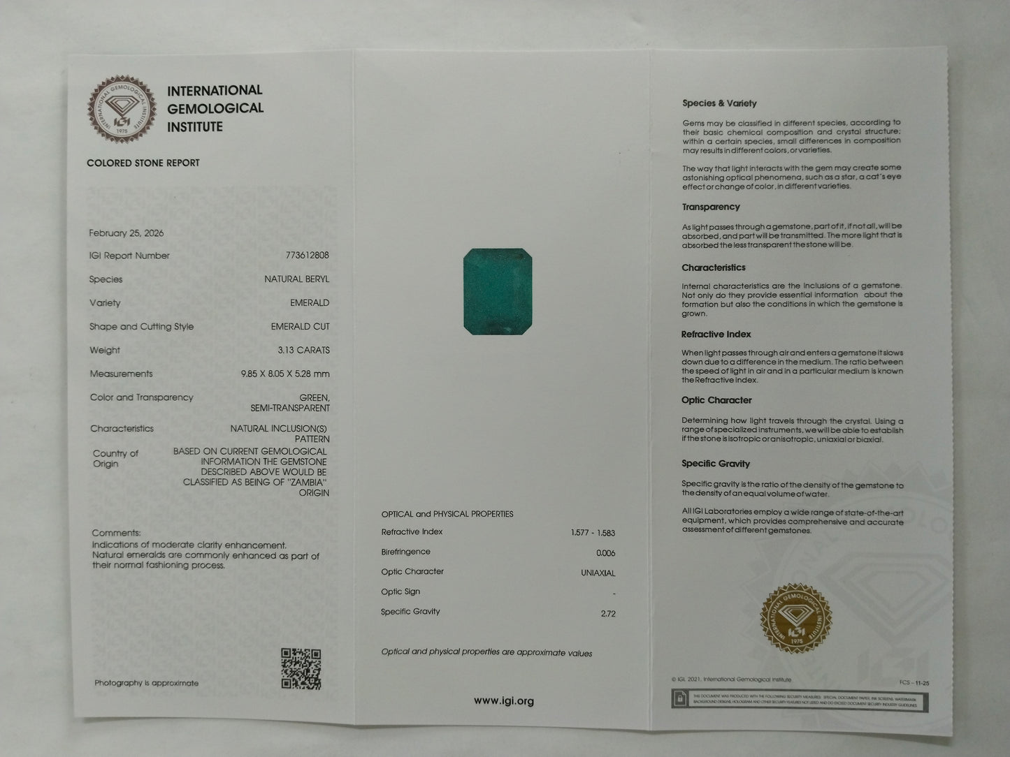 3.13 Natural Beryl Emerald Emerald Cut Gemstone