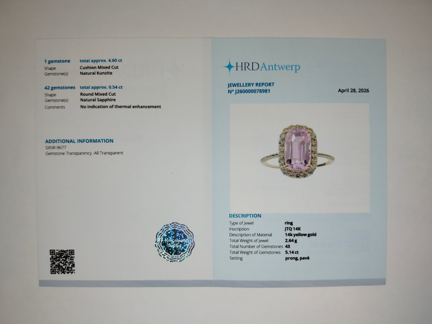 5.14 Ct Cushion Mixed Cut Natural Kunzite 14K Gold Ring