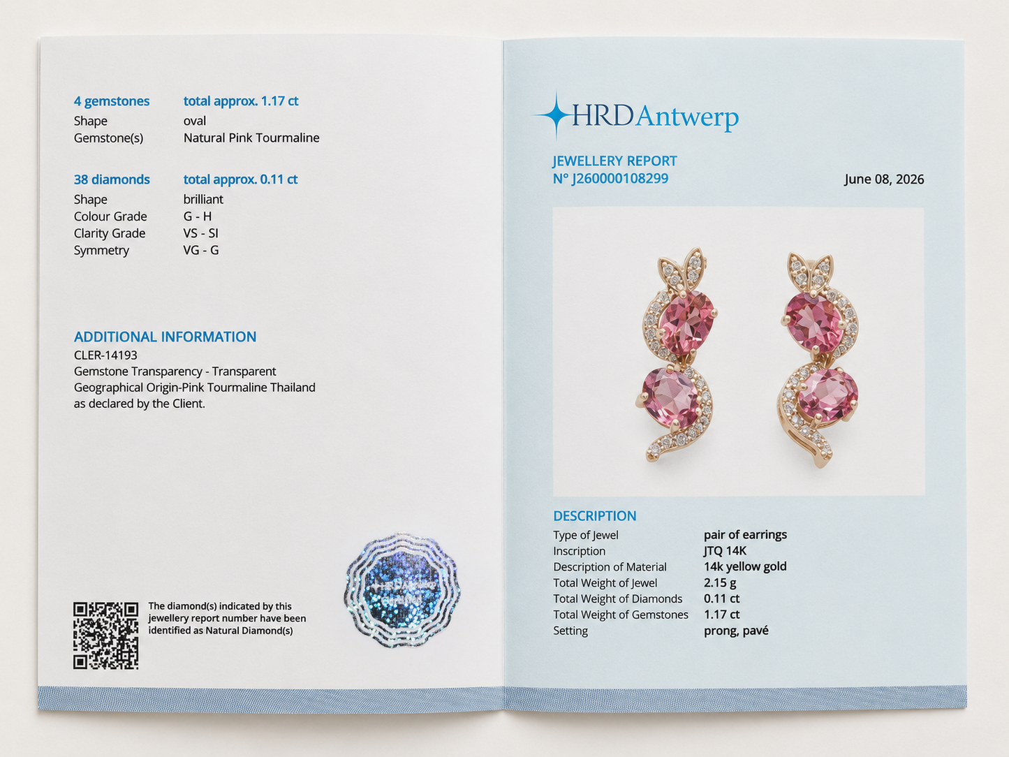 1.28 Ct Oval Mixed Cut Natural Pink Tourmaline 14K Gold Earrings
