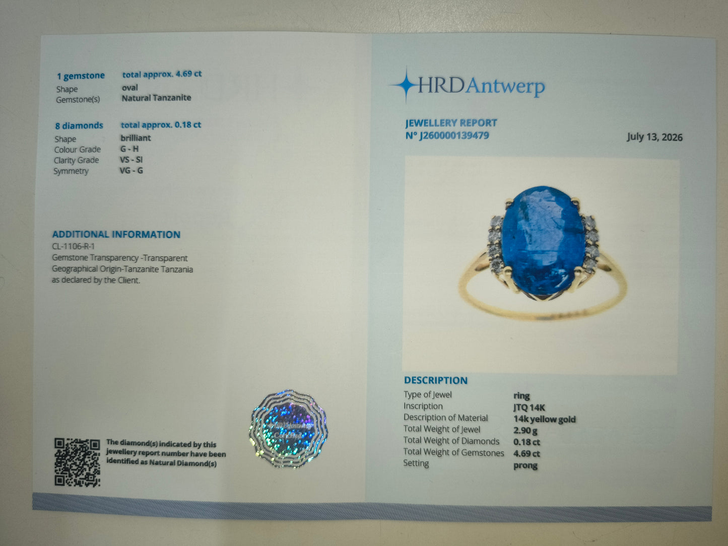 4.87 Ct Oval Natural Tanzanite 14K Gold Ring