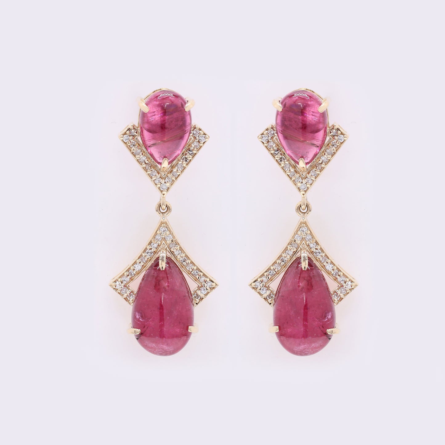 10.62 Ct Pear Cabochon Natural Rubellite 14K Gold Earrings