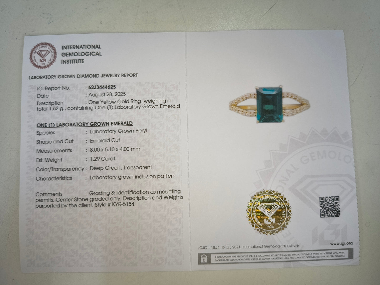 1.37 Ct Emerald Cut Lab Grown Emerald 14K Gold Ring