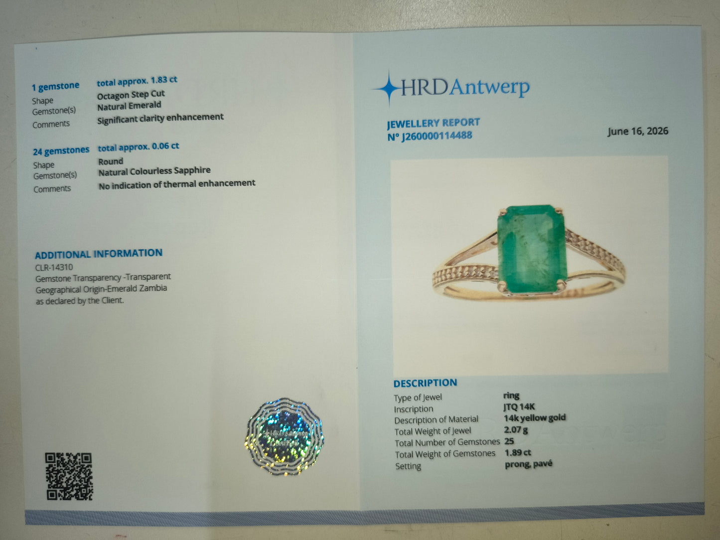 1.89 Ct Octagon Step Cut Natural Emerald 14K Gold Ring