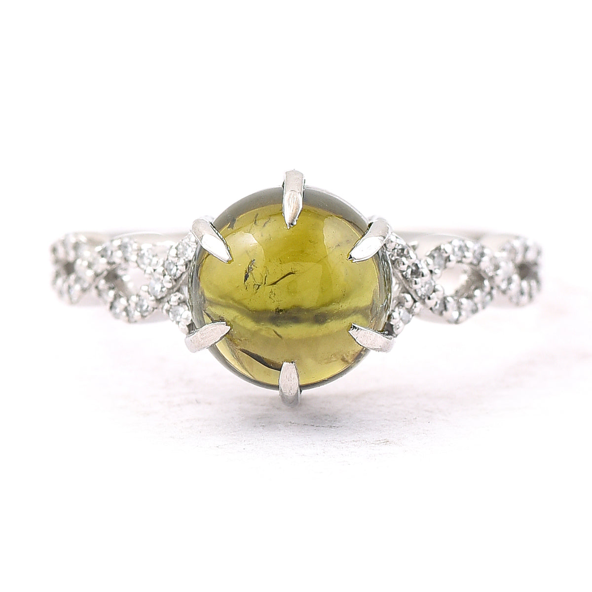 2.93 Ct Round Cabochon Cut Natural Green Tourmaline 950 Platinum Ring