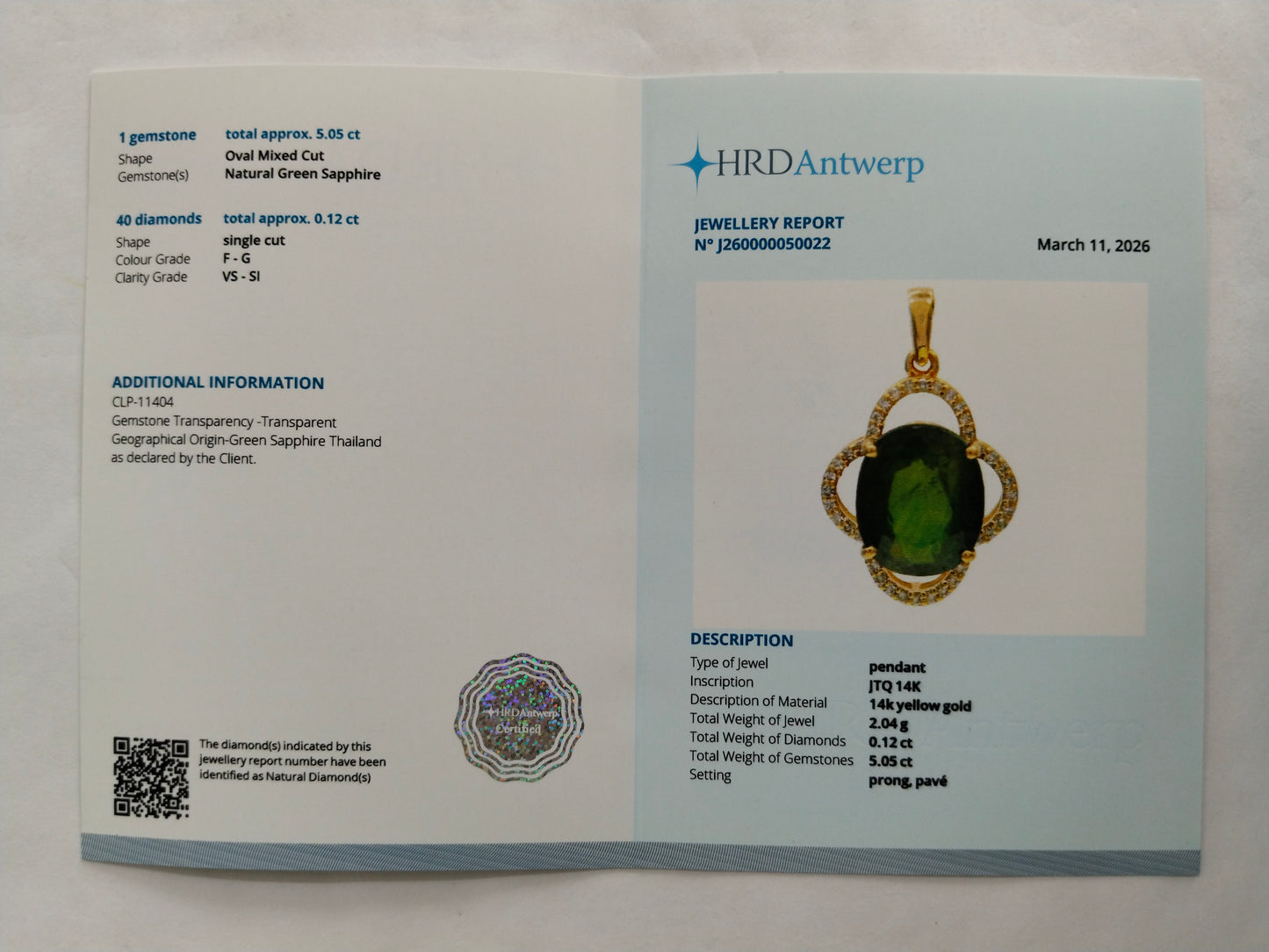5.17 Ct Oval Mixed Cut Natural Green Sapphire 14K Gold Pendant