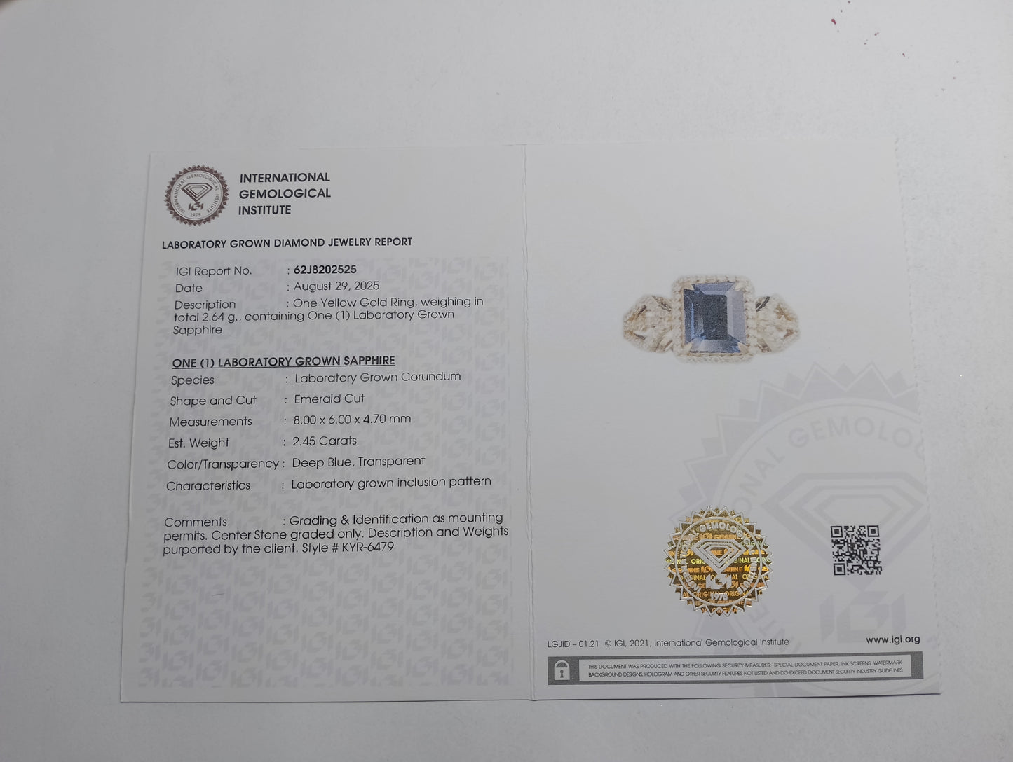 2.69 Ct Emerald Cut Lab Grown Sapphire 14K Gold Ring
