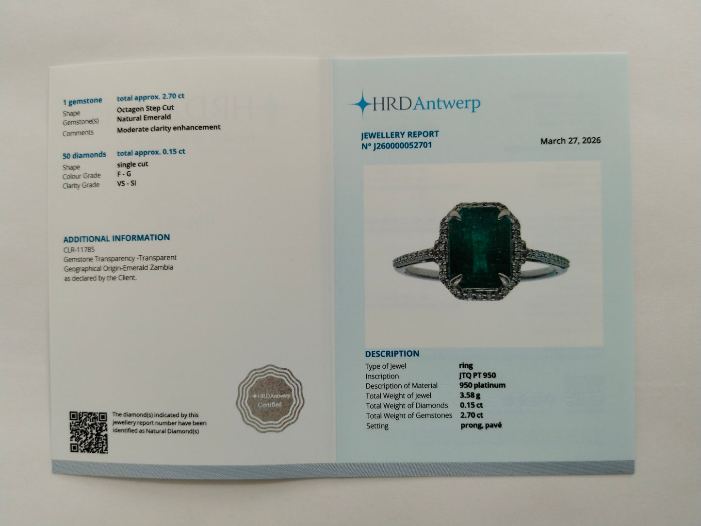 2.85 Ct Octagon Step Cut Natural Emerald 950 Platinum Ring