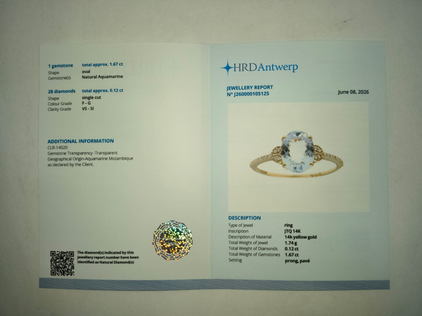 1.79 Ct Oval Mixed Cut Natural Aquamarine 14K Gold Ring