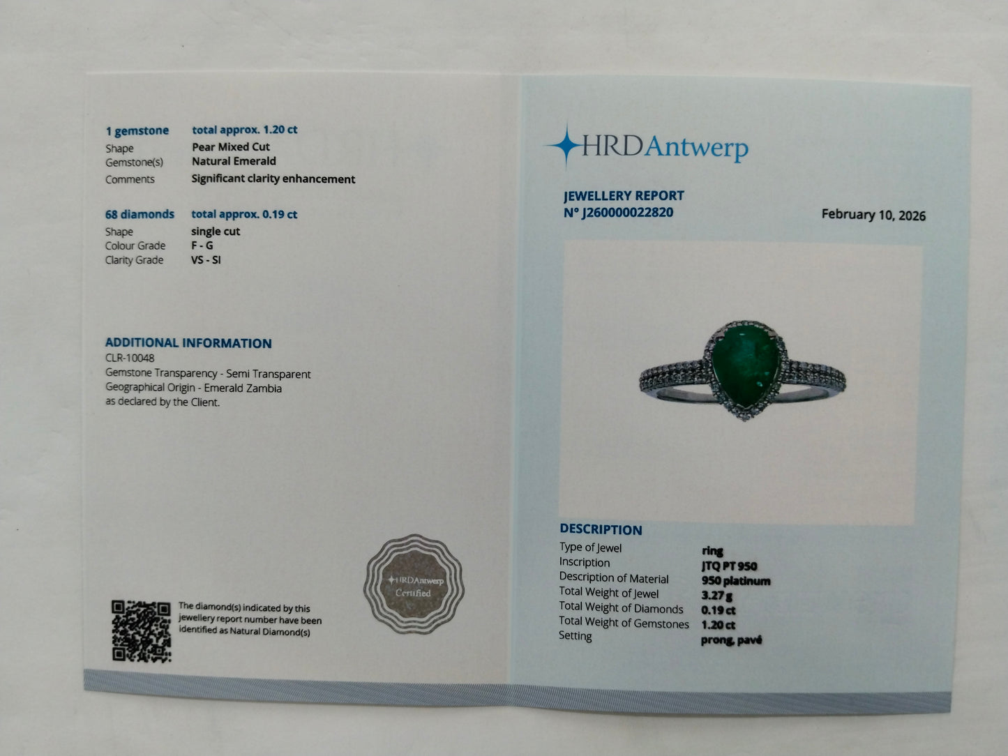 1.39 Ct Pear Mixed Cut Natural Emerald 950 Platinum Ring