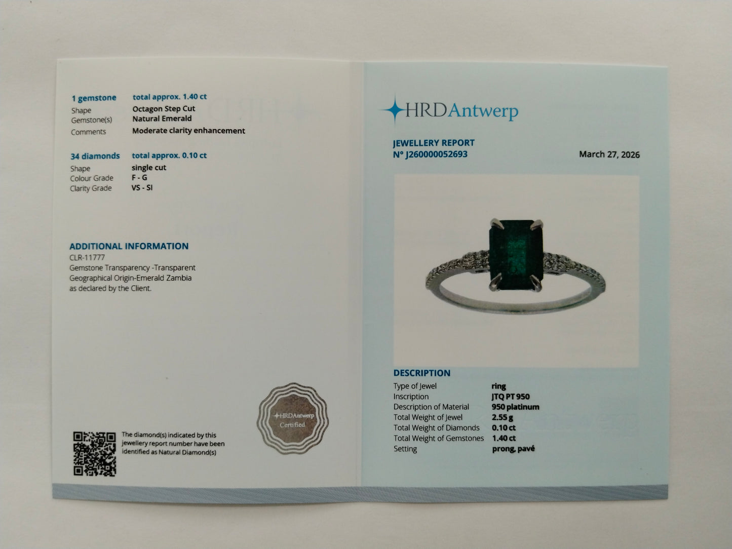 1.50 Ct Octagon Step Cut Natural Emerald 950 Platinum Ring