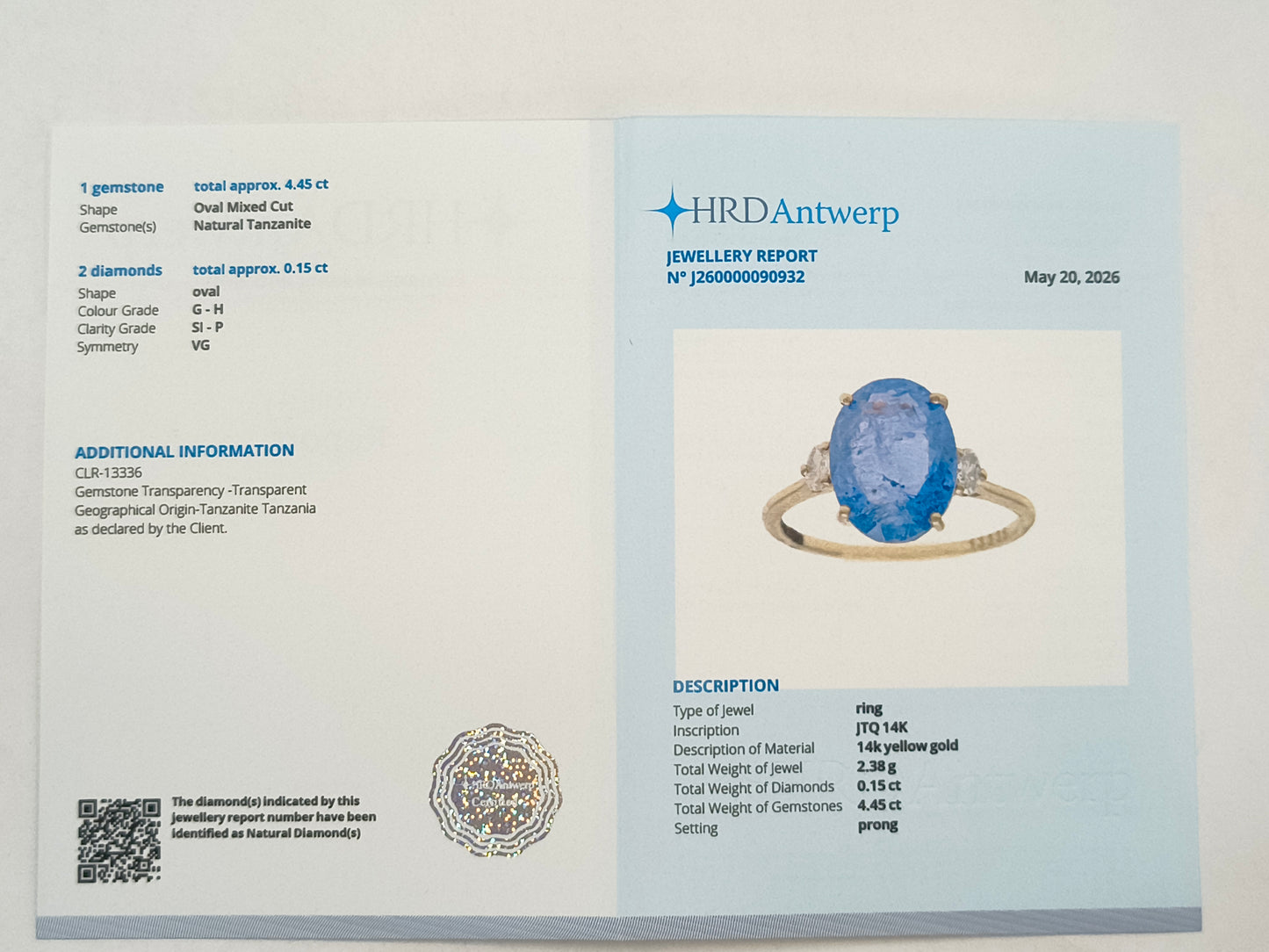 4.60 Ct Oval Tanzanite 14K Gold Ring