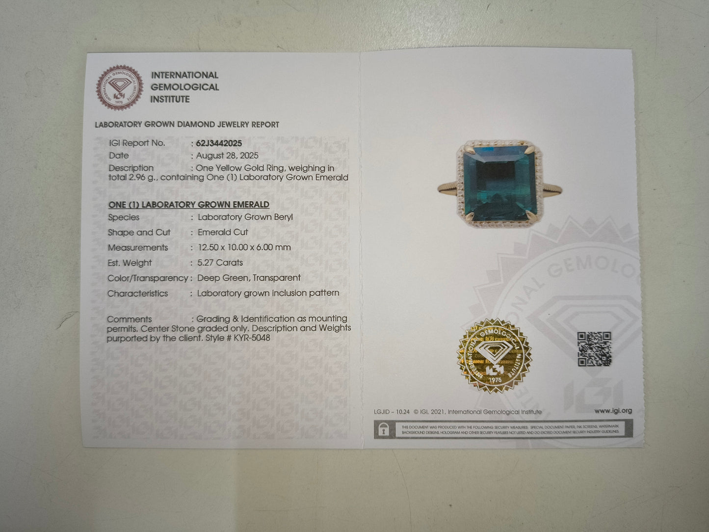 5.41 Ct Emerald Cut Lab Grown Emerald 14K Gold Ring