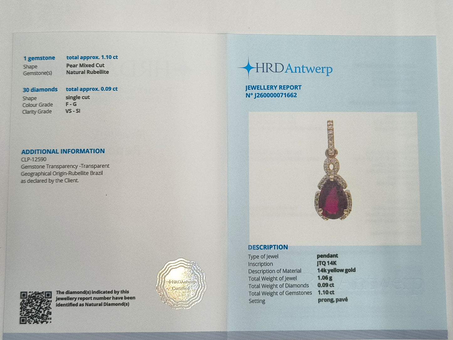 1.19 Ct Pear Mixed Cut Natural Rubellite 14K Gold Pendant