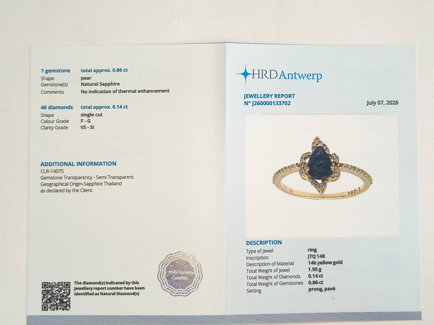 1.00 Ct Pear Natural Sapphire 14K Gold Ring