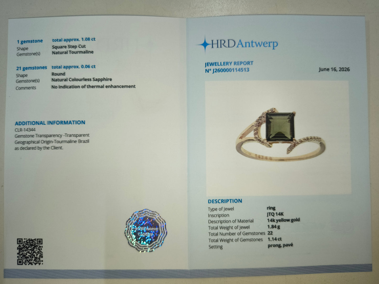 1.14 Ct Square Step Cut Natural Tourmaline 14K Gold Ring