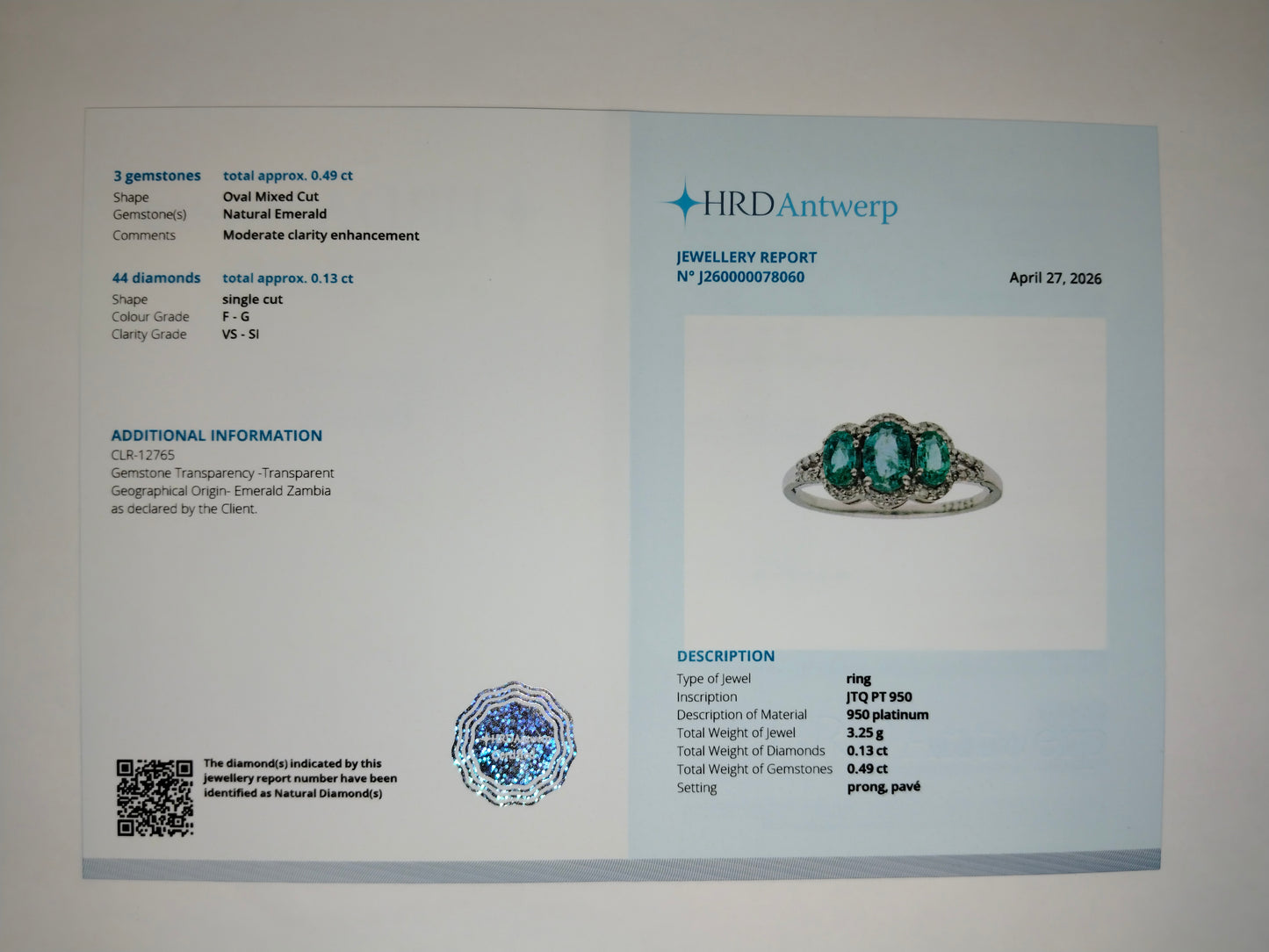 1.09 Ct Oval Mixed Cut Natural Emerald 950 Platinum Ring