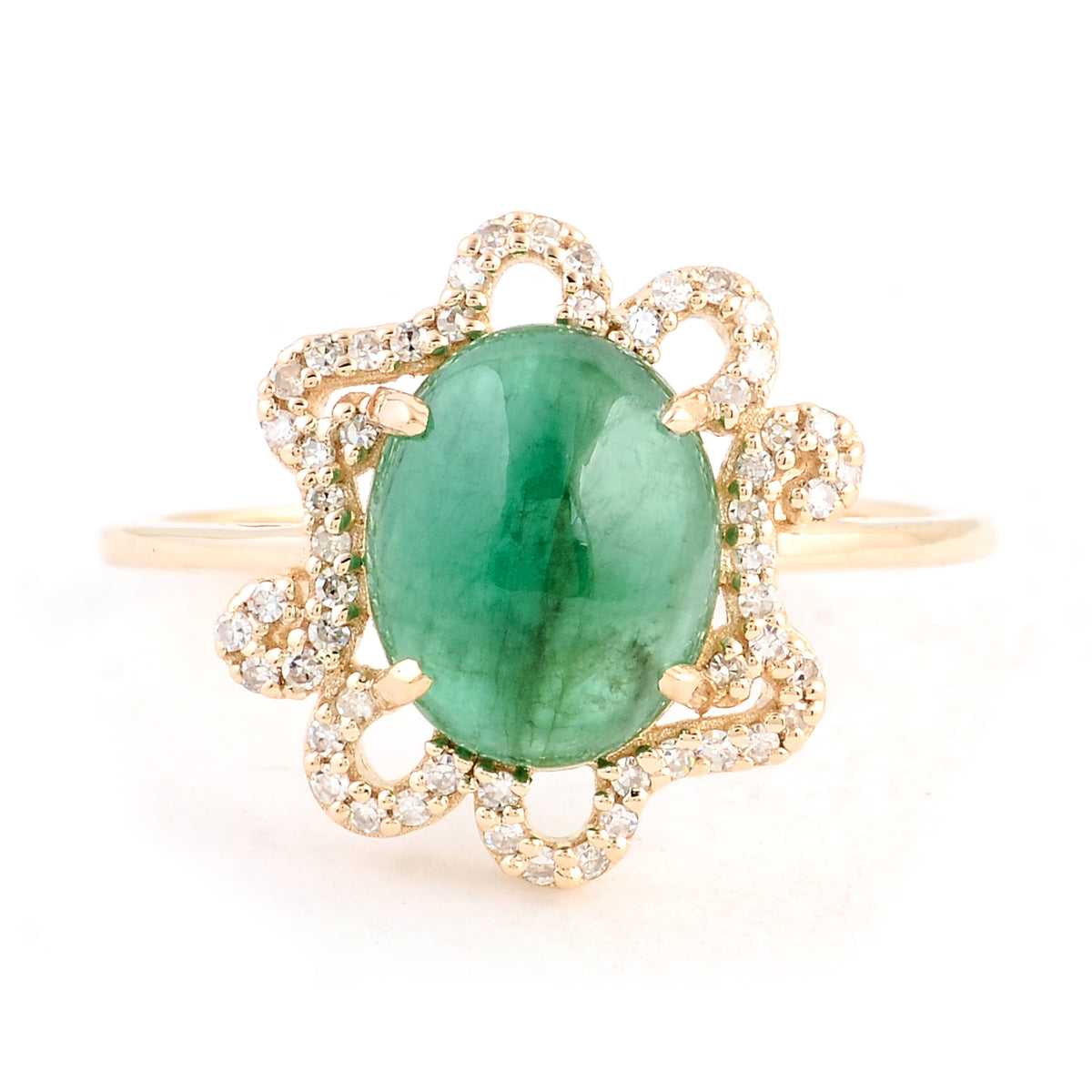 2.68 Ct Oval Cabochon Natural Beryl Emerald 14K Gold Ring