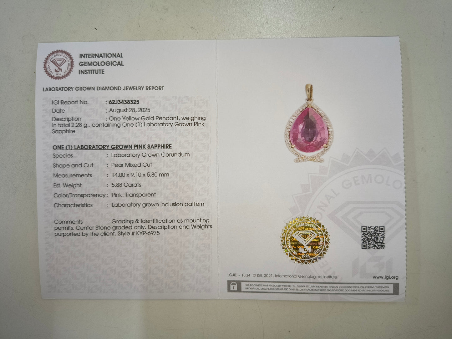 6.03 Ct Pear Lab Grown Pink Sapphire 14K Gold Pendant