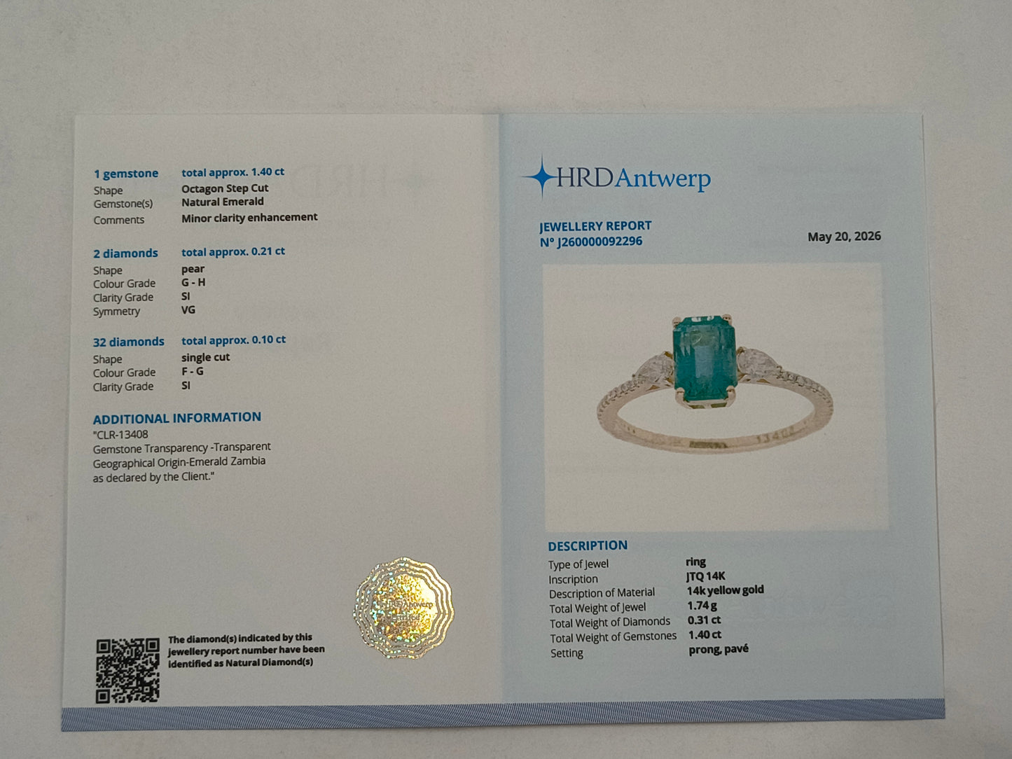 1.71 Ct Octagon Emerald 14K Gold Ring