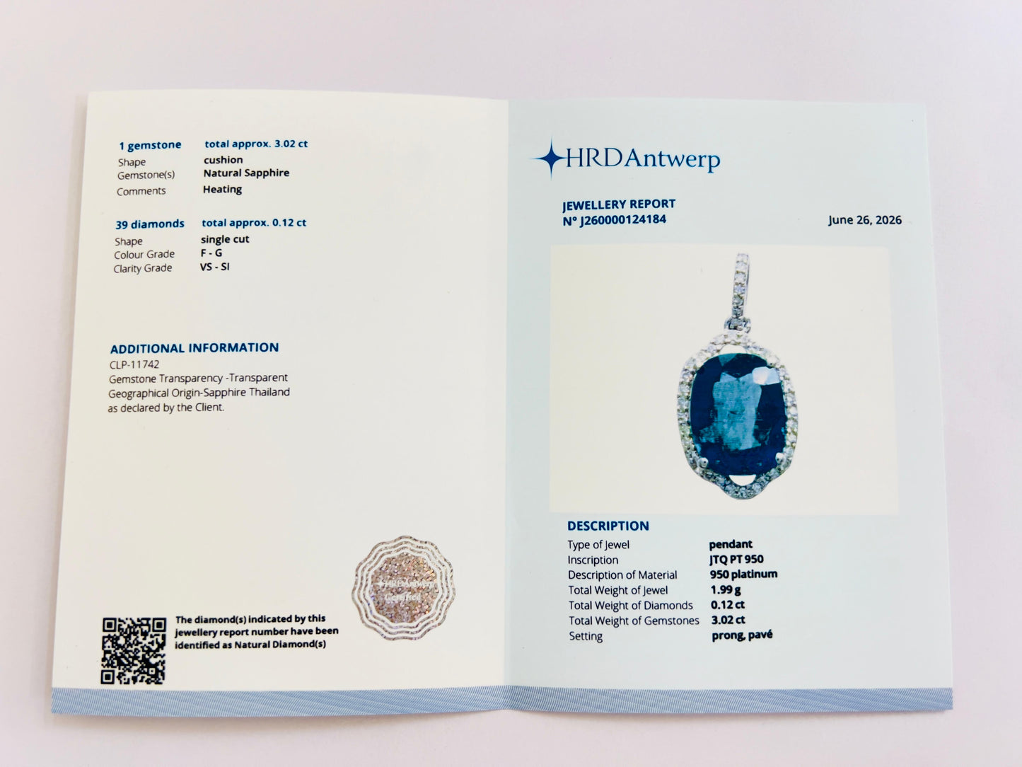 3.14 Ct Cushion Natural Sapphire 950 Platinum Pendant