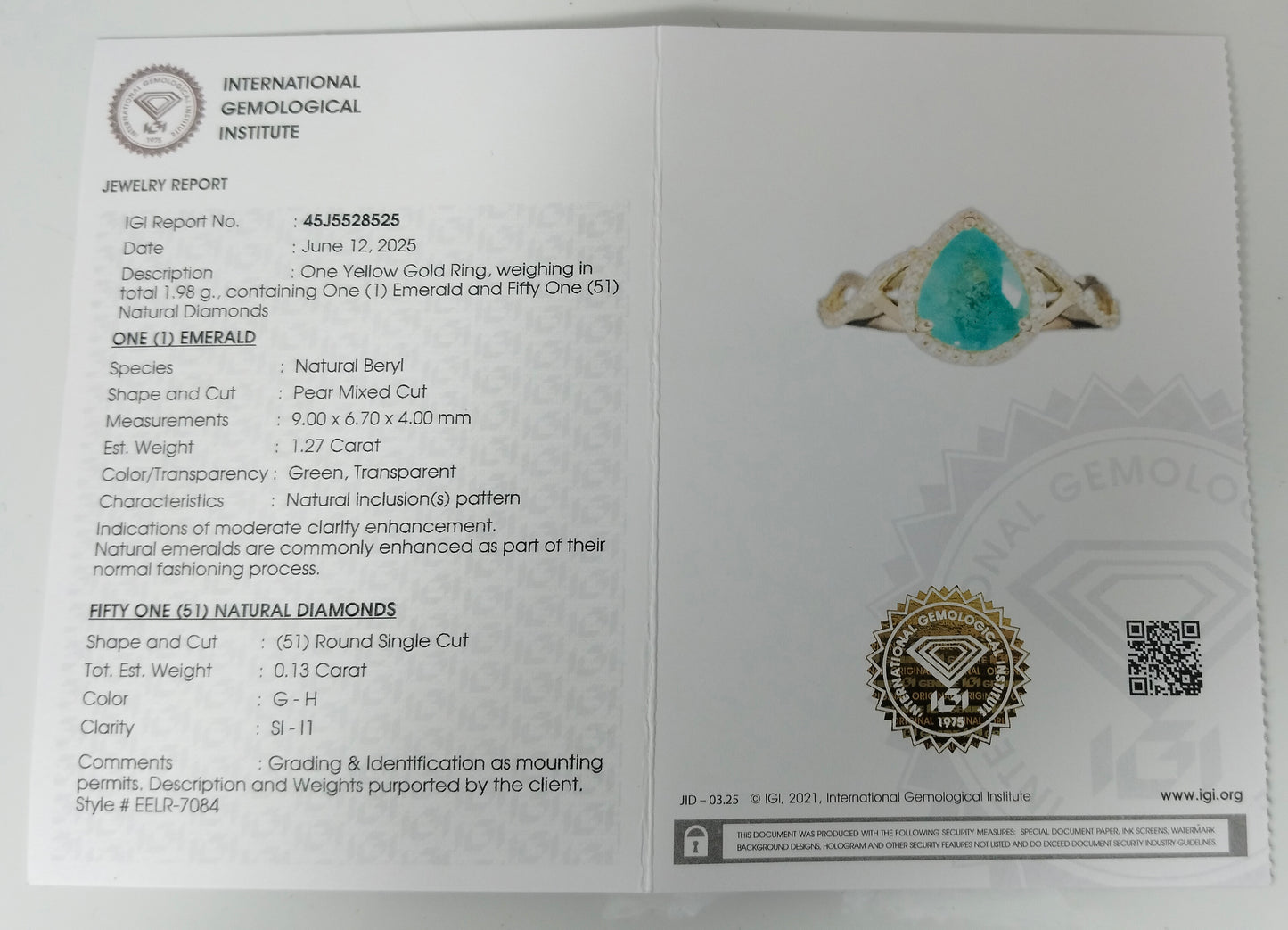 1.40 Ct Pear Mixed Cut Natural Beryl Emerald 14K Gold Ring