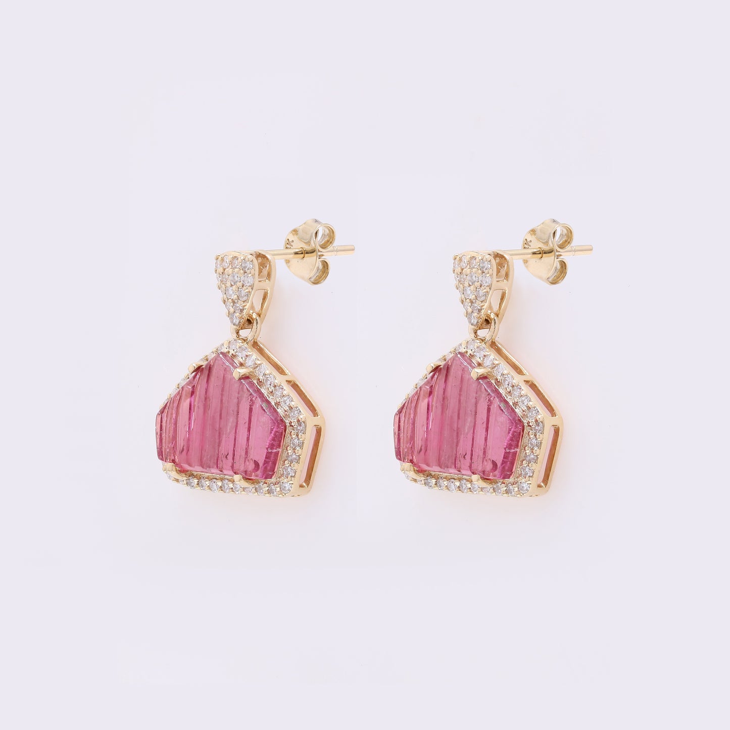 2.33 Ct Fancy Carving Natural Pink Tourmaline 14K Gold Earrings