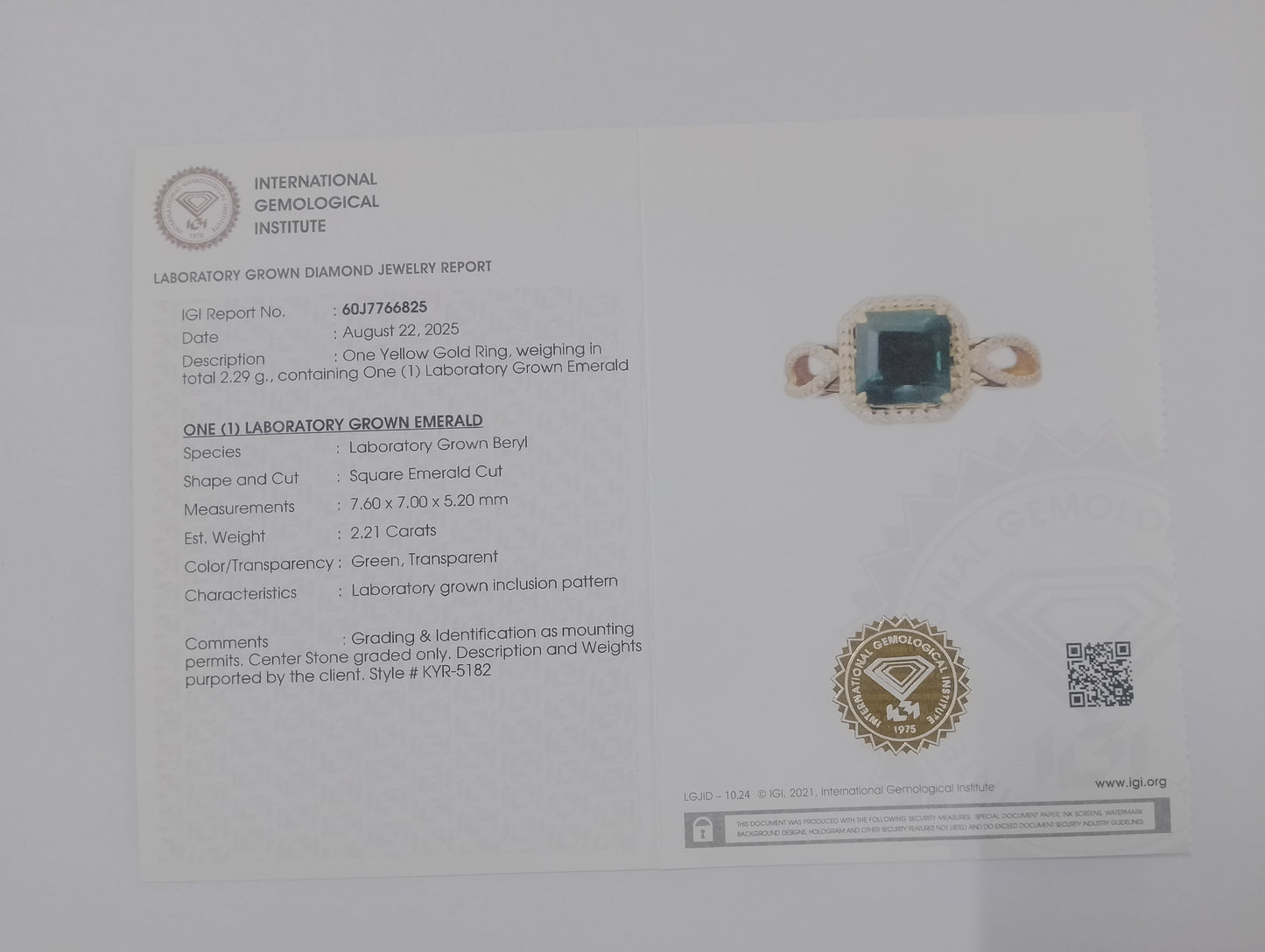2.46 Ct Square Emerald Cut Lab Grown Emerald 14K Gold Ring