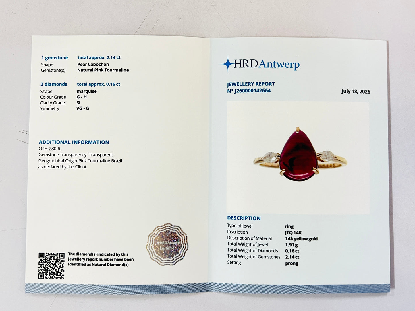 2.30 Ct Pear Cabochon Natural Tourmaline 14K Gold Ring