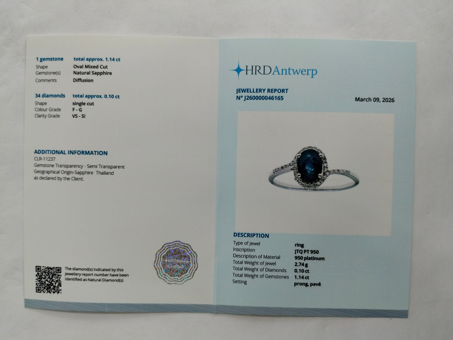 1.24 Ct Oval Mixed Cut Natural Sapphire 950 Platinum Ring