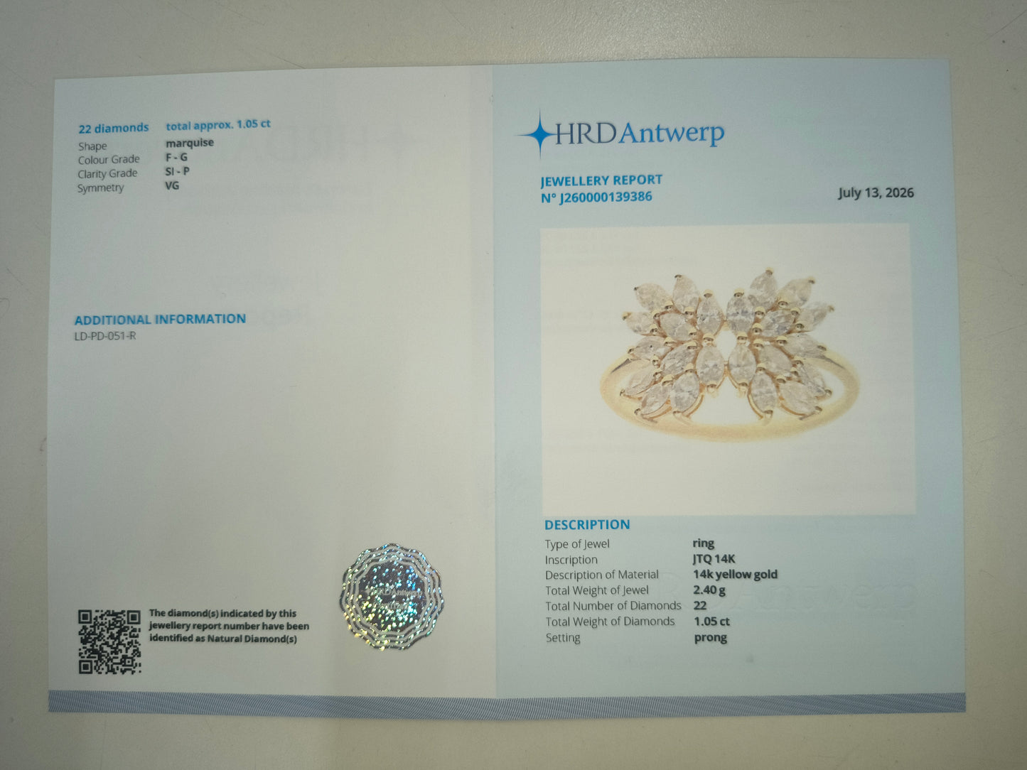 1.05 Ct Marquise Natural Diamond 14K Gold Ring
