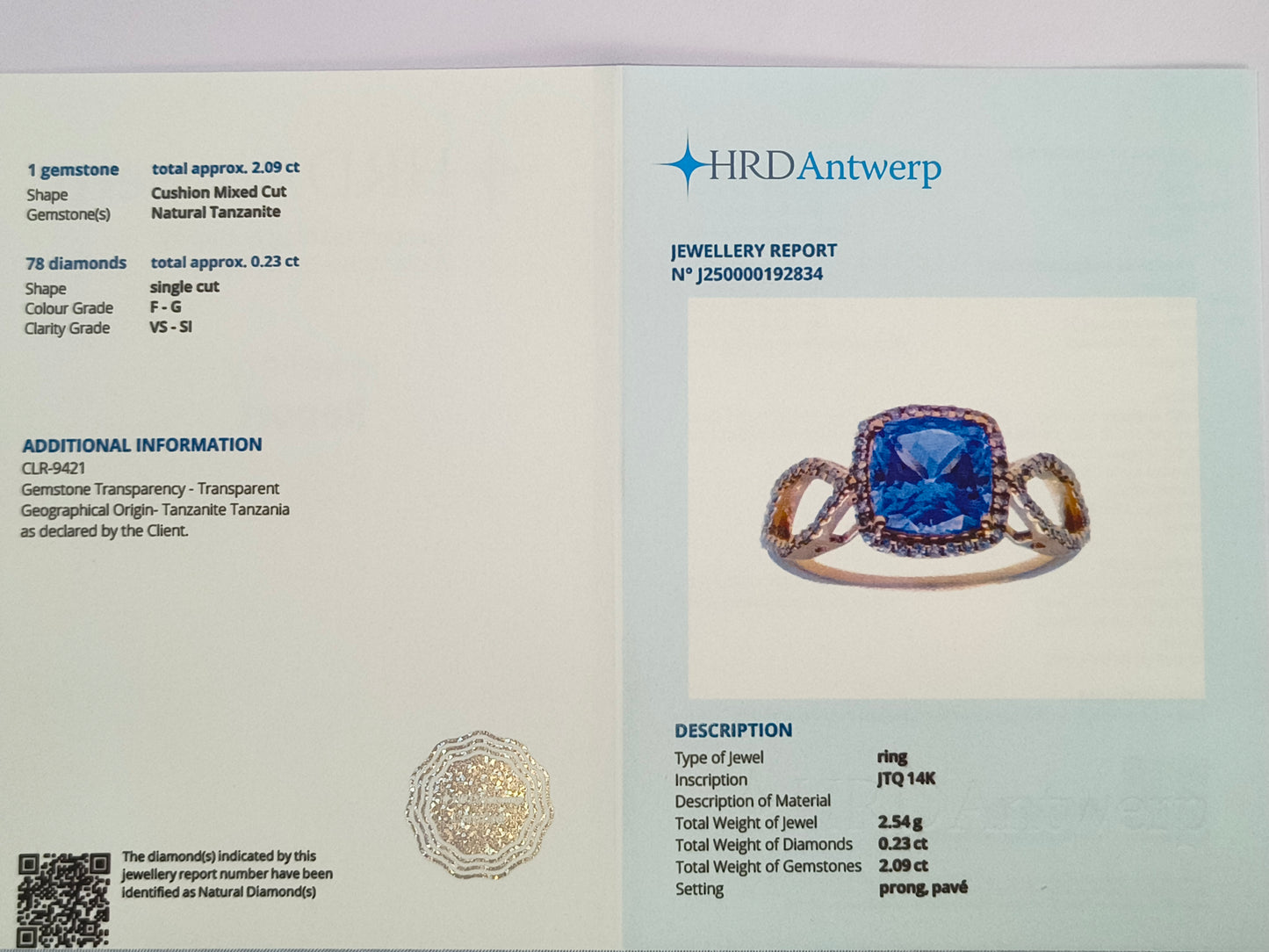 2.32 Ct Cushion Mixed Cut Natural Tanzanite 14K Gold Ring
