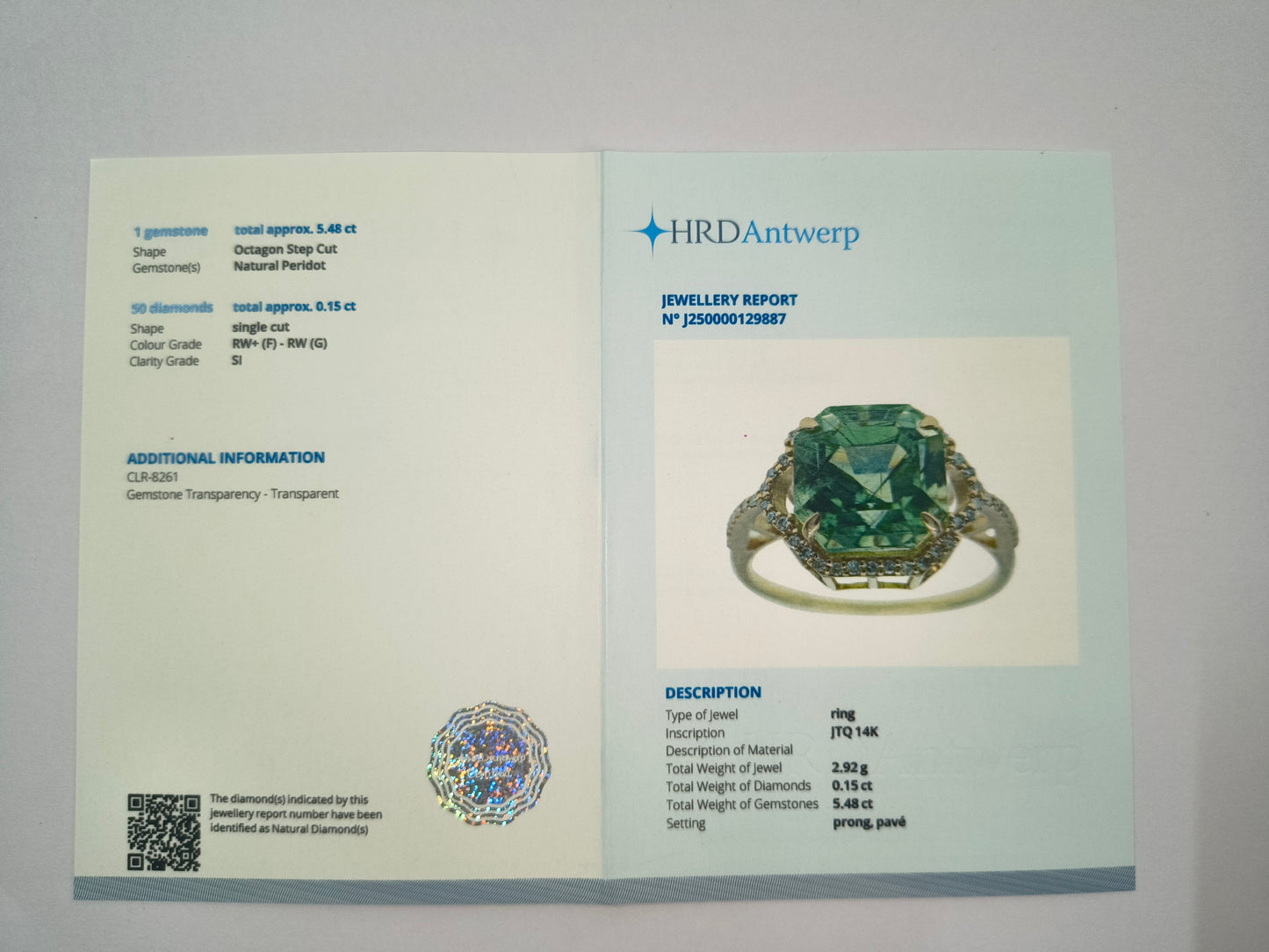 5.63 Ct Octagon Natural Eridot 14K Gold Ring