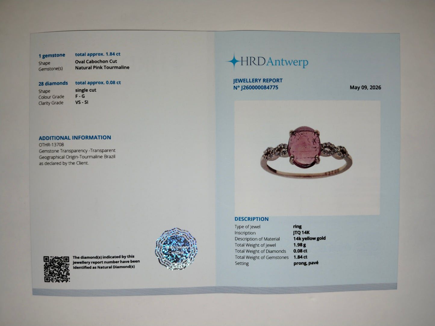 1.59 Ct Oval Cabochon Cut Natural Pink Tourmaline 14K Gold Ring